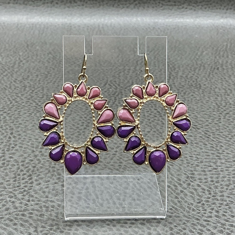 Earrings Gold‎ Tone Pink Purple Flower Dangle Drop Womens Teardrop Statement